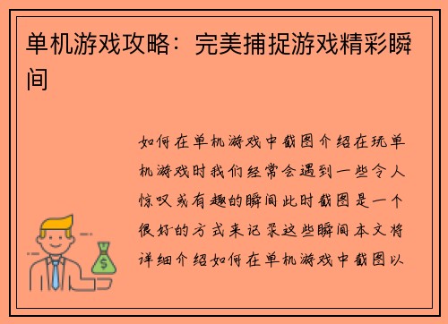 单机游戏攻略：完美捕捉游戏精彩瞬间
